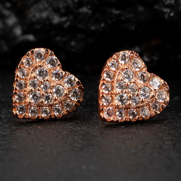 Honey Comb Set 925 Sterling Silver Women’s 14K Rose GoldHeart Stud Earrings - Picture 2 of 5
